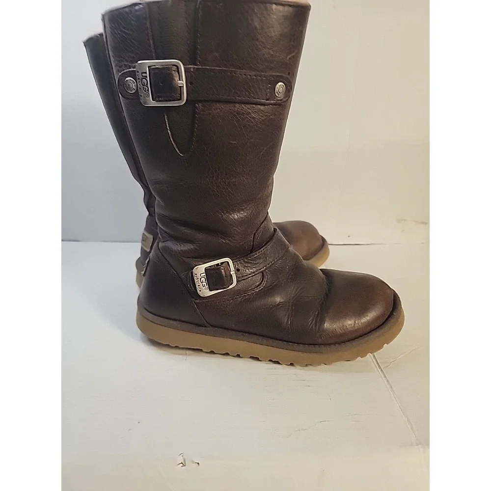 Ugg Kensington Size 4 Brown Distressed Leather‎ 1969 Sheepskin Youth Boot Zipper
